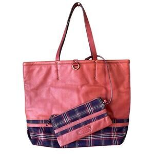 Brooks Brothers 2pc Tote & Wristlet Tan Leather Plaid Tartan Double Shoulder Bag